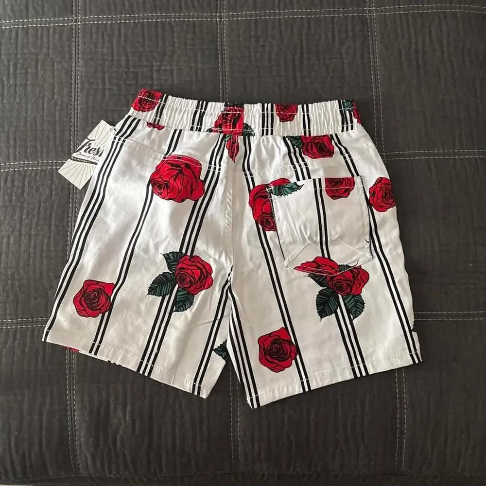 Fresh Rose Print Drawstring Swim Trunks